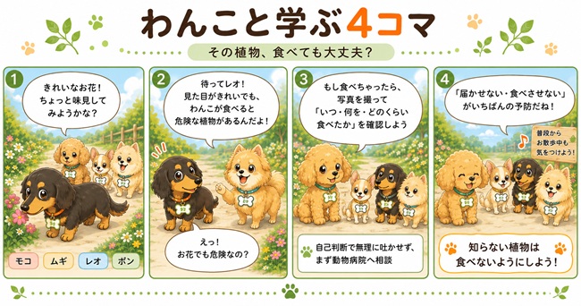 わんこと学ぶ4コマ　犬が食べると危険な植物